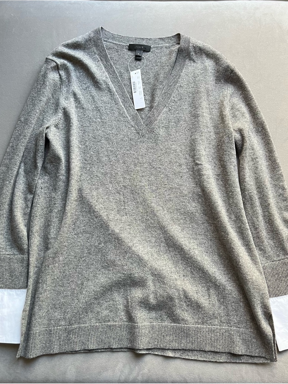 New J. Crew Gray V-Neck Wool Sweater with White Accents